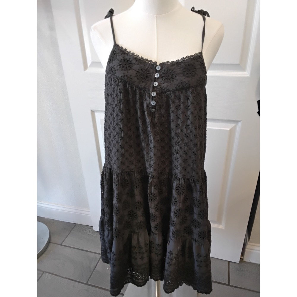 Lucky Brand Womens Gray Eyelet Embroidered Tiered Mini Dress Small Charcoal Boho